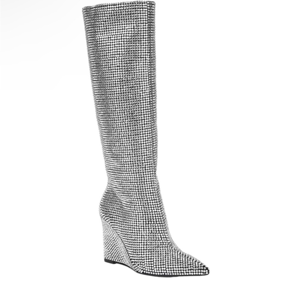 Gianni Bini Rhinestone Embellished Silver Tall Wedge Boots
